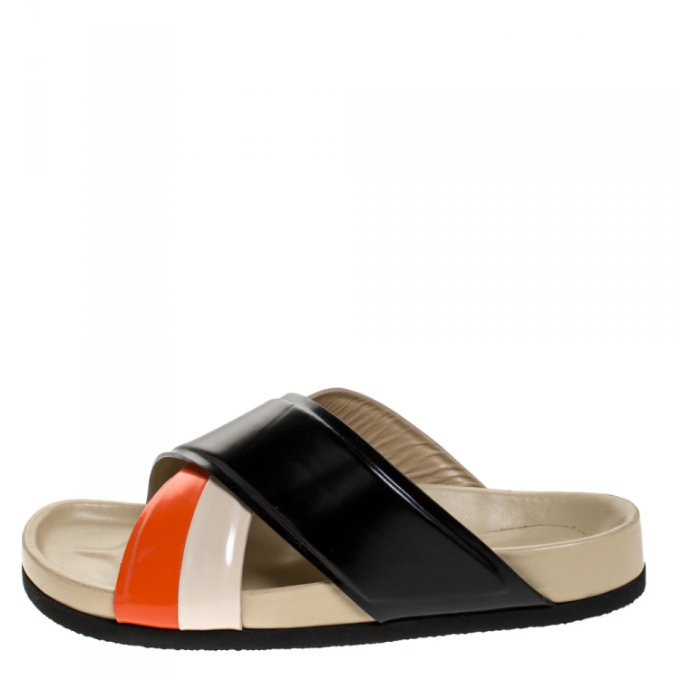 Pre Owned Celine Multicolor Leather Cross Strap Flat Slide Sandals Size 39