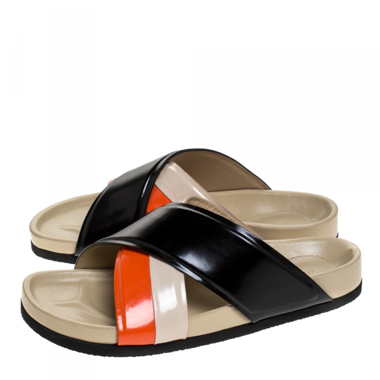 Pre Owned Celine Multicolor Leather Cross Strap Flat Slide Sandals Size 39