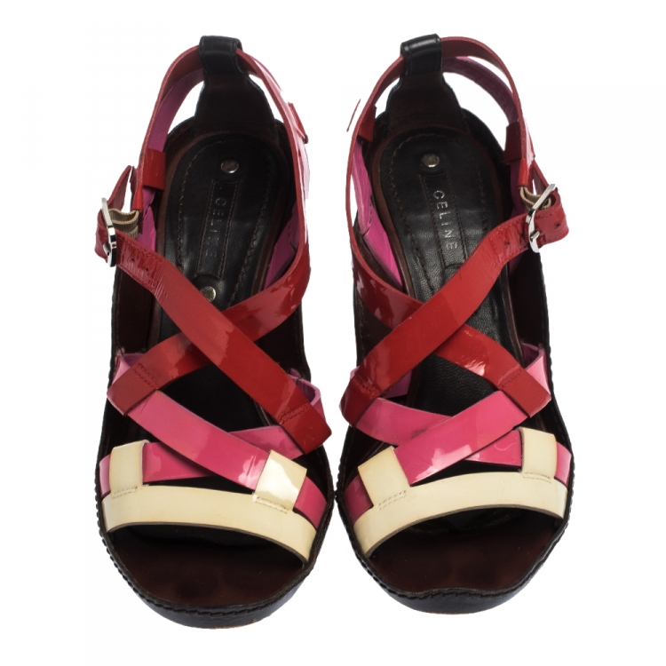 Pre Owned Celine Multicolor Patent Leather Strappy Slingback Sandals Size 37