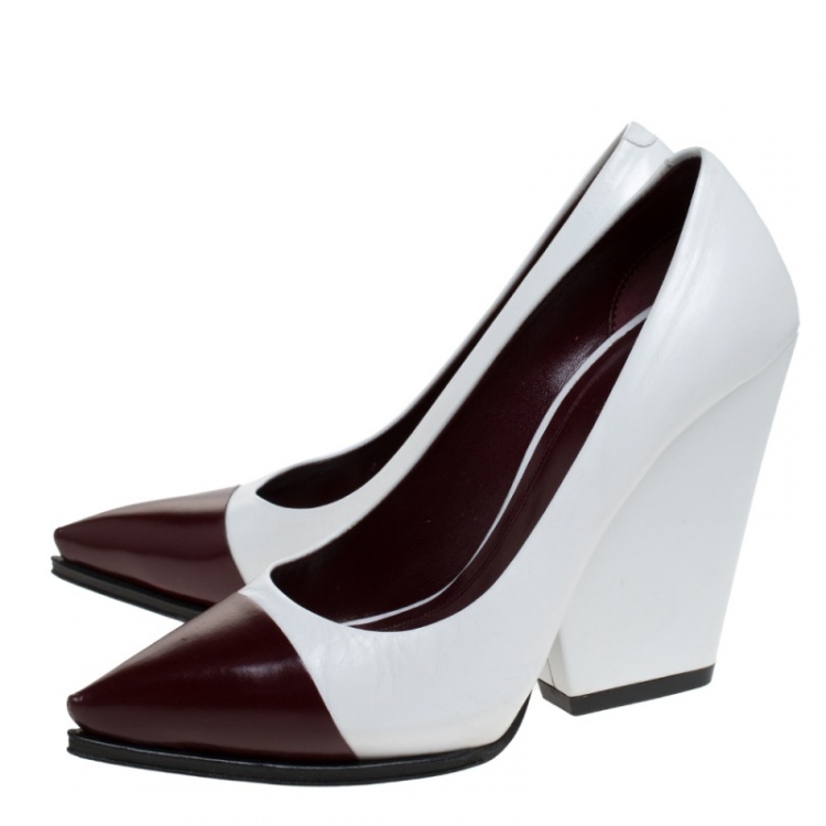 Pre Owned Celine White/Burgundy Leather Pointed Toe Wedge Pumps Size 36