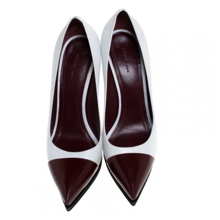 Pre Owned Celine White/Burgundy Leather Pointed Toe Wedge Pumps Size 36