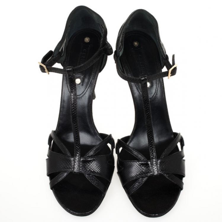 Pre Owned Celine Black Embossed T Strap Sandals Size 39.5