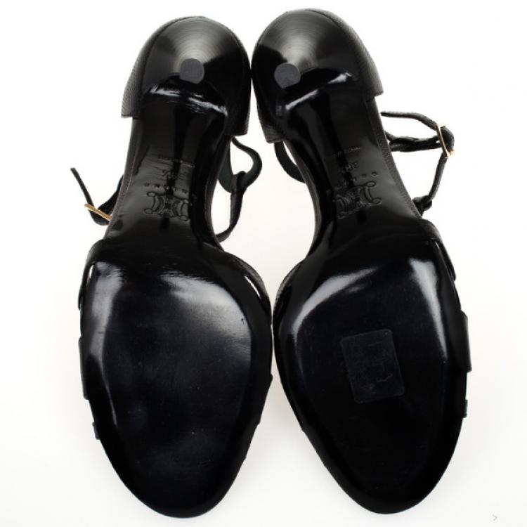 Pre Owned Celine Black Embossed T Strap Sandals Size 39.5