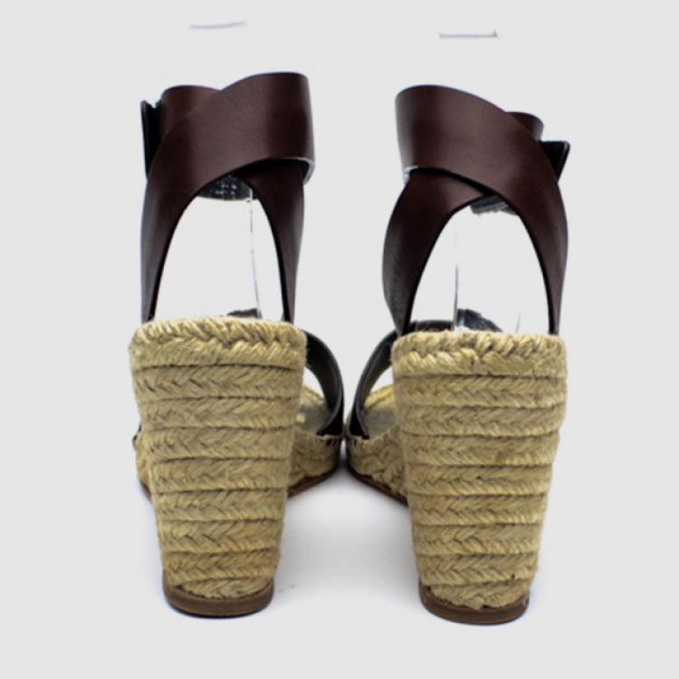 Pre Owned Celine Brown Leather Espadrilles Wedge Sandals Size 41