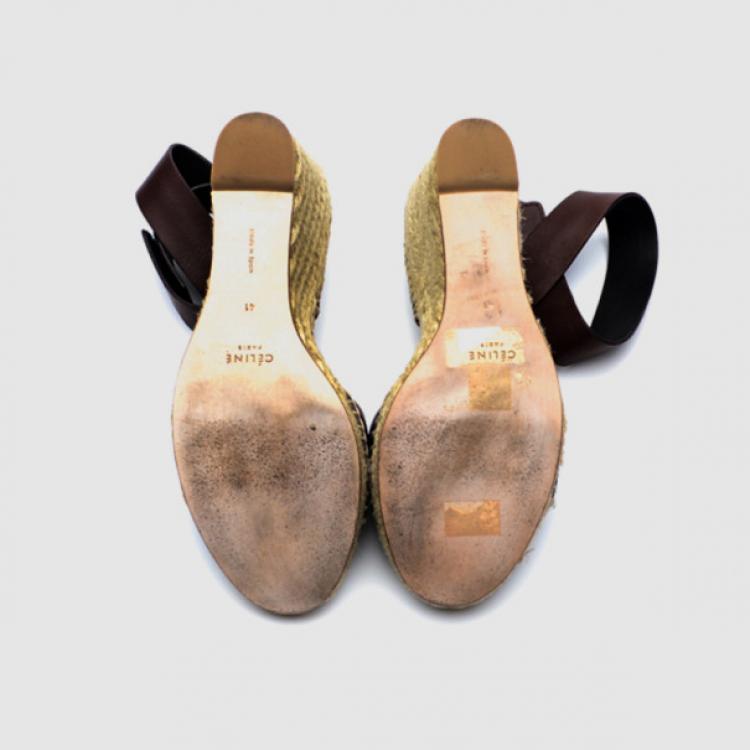 Pre Owned Celine Brown Leather Espadrilles Wedge Sandals Size 41