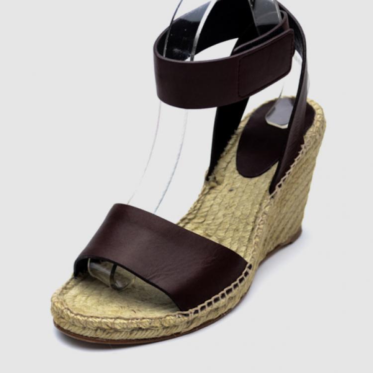 Pre Owned Celine Brown Leather Espadrilles Wedge Sandals Size 41