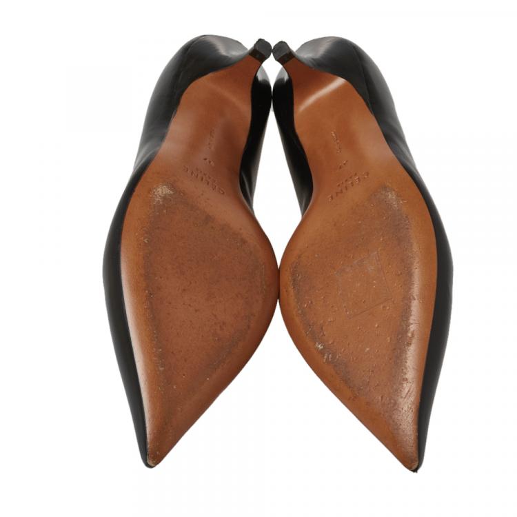 Pre Owned Celine Black Leather V Neck Pumps Size 37