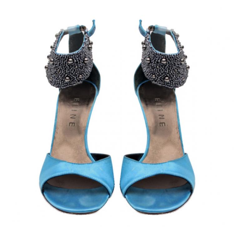 Pre Owned Celine Blue Satin Ankle Strap Embellished Sandals Size 37.5