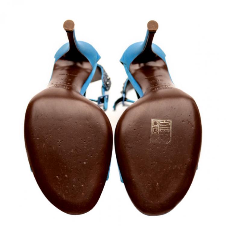 Pre Owned Celine Blue Satin Ankle Strap Embellished Sandals Size 37.5