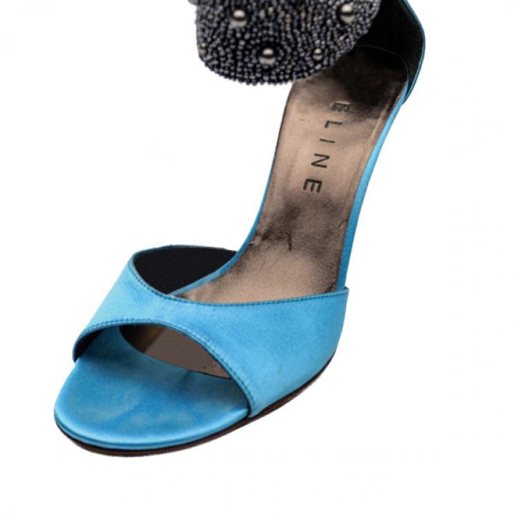 Pre Owned Celine Blue Satin Ankle Strap Embellished Sandals Size 37.5