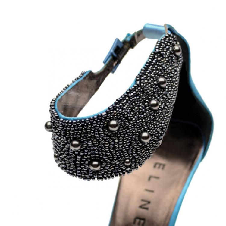 Pre Owned Celine Blue Satin Ankle Strap Embellished Sandals Size 37.5