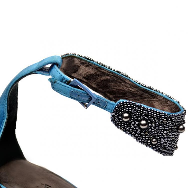 Pre Owned Celine Blue Satin Ankle Strap Embellished Sandals Size 37.5