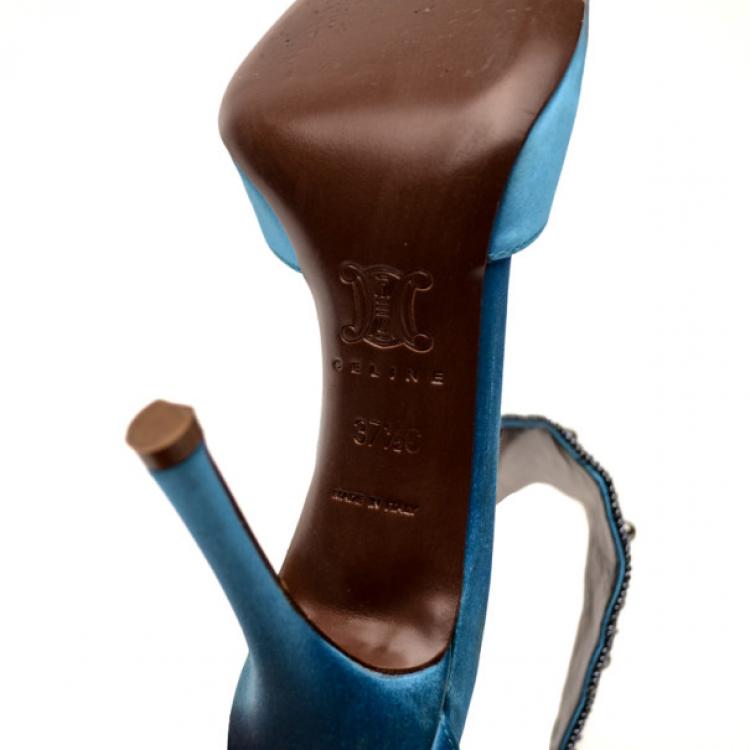 Pre Owned Celine Blue Satin Ankle Strap Embellished Sandals Size 37.5