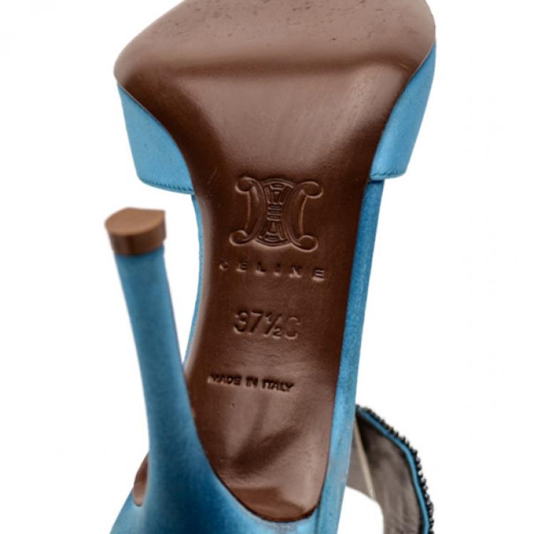 Pre Owned Celine Blue Satin Ankle Strap Embellished Sandals Size 37.5