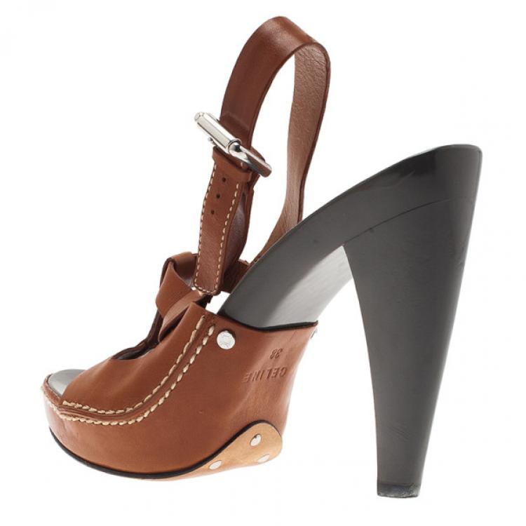 Pre Owned Celine Brown Leather Slingback Sandals Size 38