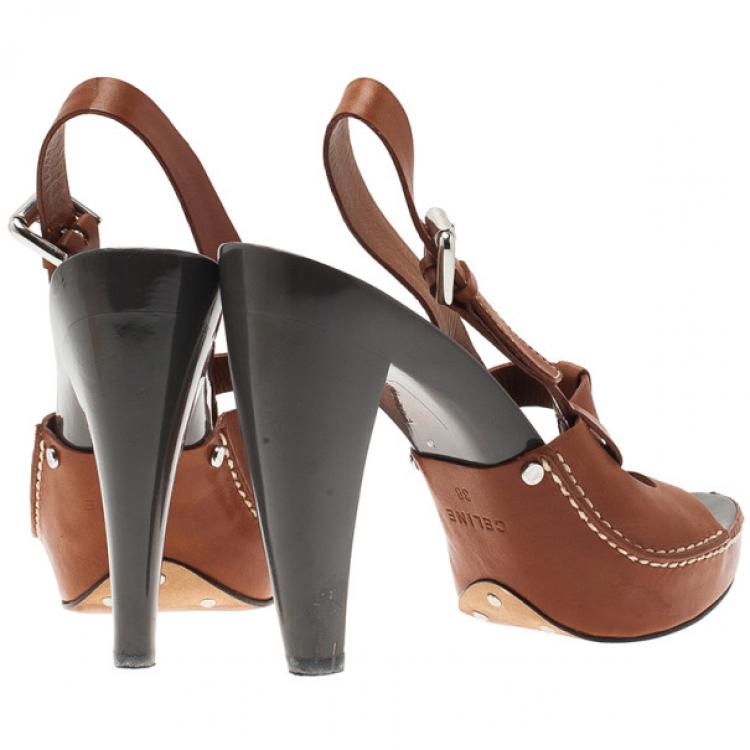Pre Owned Celine Brown Leather Slingback Sandals Size 38