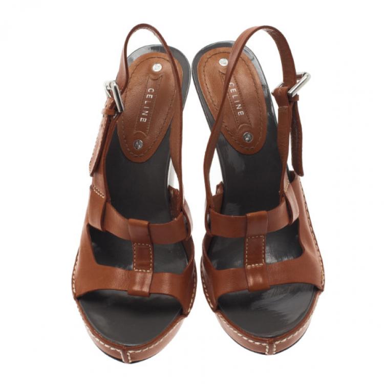 Pre Owned Celine Brown Leather Slingback Sandals Size 38