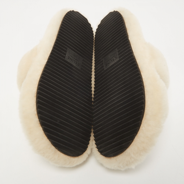 Pre Owned Celine White Fur Flat Slides  Size 39