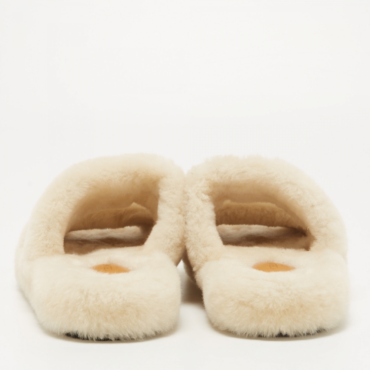Pre Owned Celine White Fur Flat Slides  Size 39