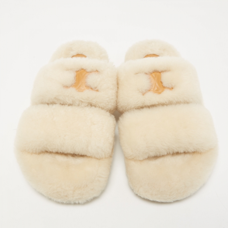 Pre Owned Celine White Fur Flat Slides  Size 39