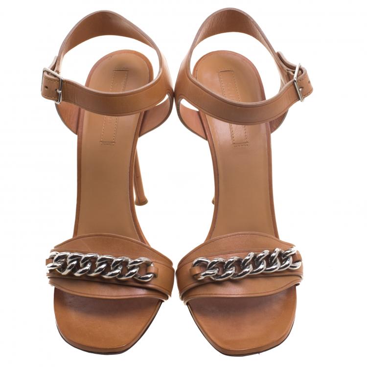 Pre Owned Celine Brown Leather Chain Detail Ankle Strap Sandals Size 40