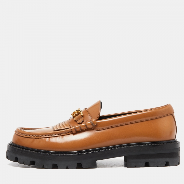 Pre Owned Celine Brown Leather Triomphe Frame Margaret Fringe Details Slip On Loafers Size 38