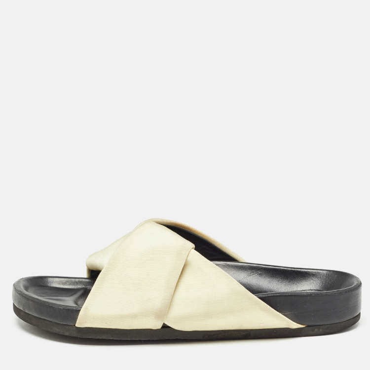 Pre Owned Celine Cream/Black Fabric Twist Slide Flats Size 37