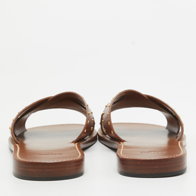 Pre Owned Celine Brown Leather Studded Lerins Flat Slides Size 40