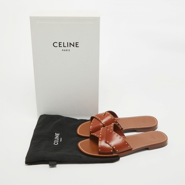 Pre Owned Celine Brown Leather Studded Lerins Flat Slides Size 40