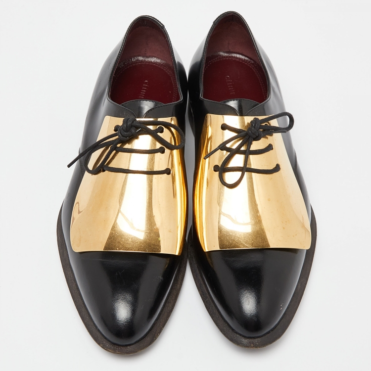 Pre Owned Celine Black Patent Leather Gold Metal Plate Lace Up Oxfords Size 39