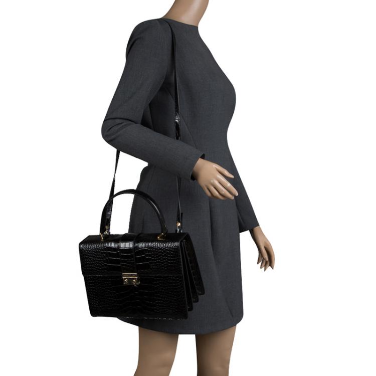 Pre Owned Cerruti 1881 Black Croc Embossed Leather Cerrutis Top Handle Bag