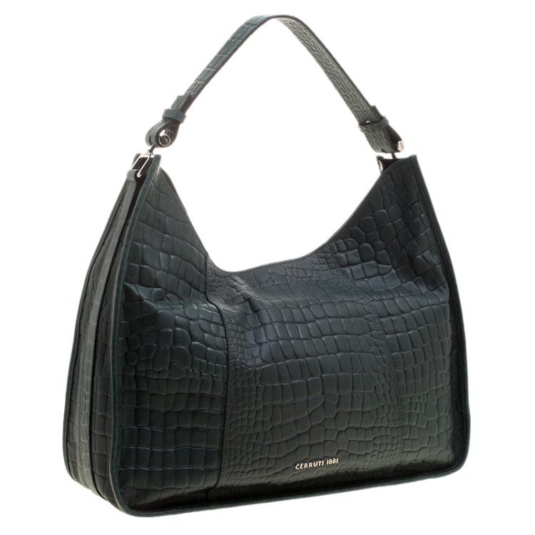 Pre Owned Cerruti 1881 Green Croc Embossed Leather Alison Hobo