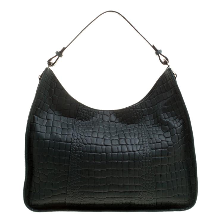 Pre Owned Cerruti 1881 Green Croc Embossed Leather Alison Hobo