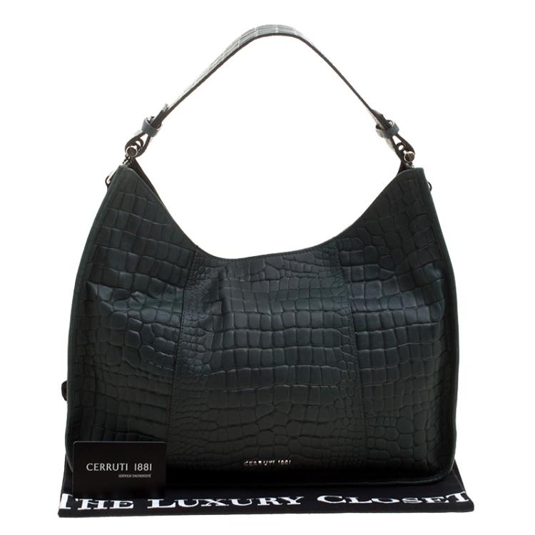Pre Owned Cerruti 1881 Green Croc Embossed Leather Alison Hobo