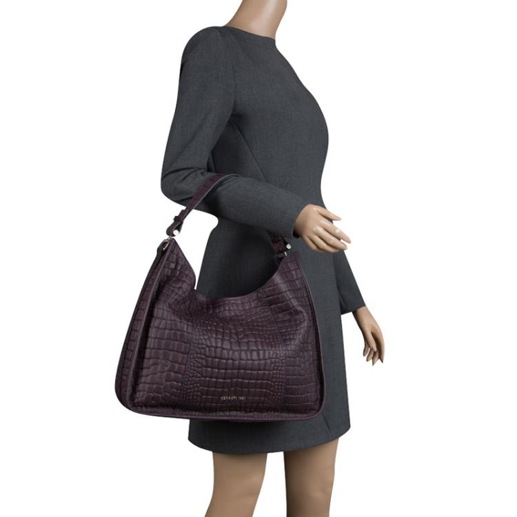 Pre Owned Cerruti 1881 Purple Croc Embossed Leather Alison Hobo