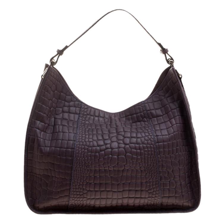 Pre Owned Cerruti 1881 Purple Croc Embossed Leather Alison Hobo