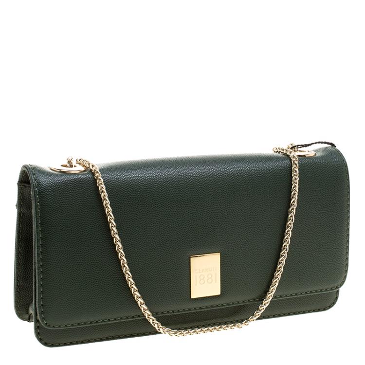 Pre Owned Cerruti 1881 Green Leather Cerrutis Chain Clutch