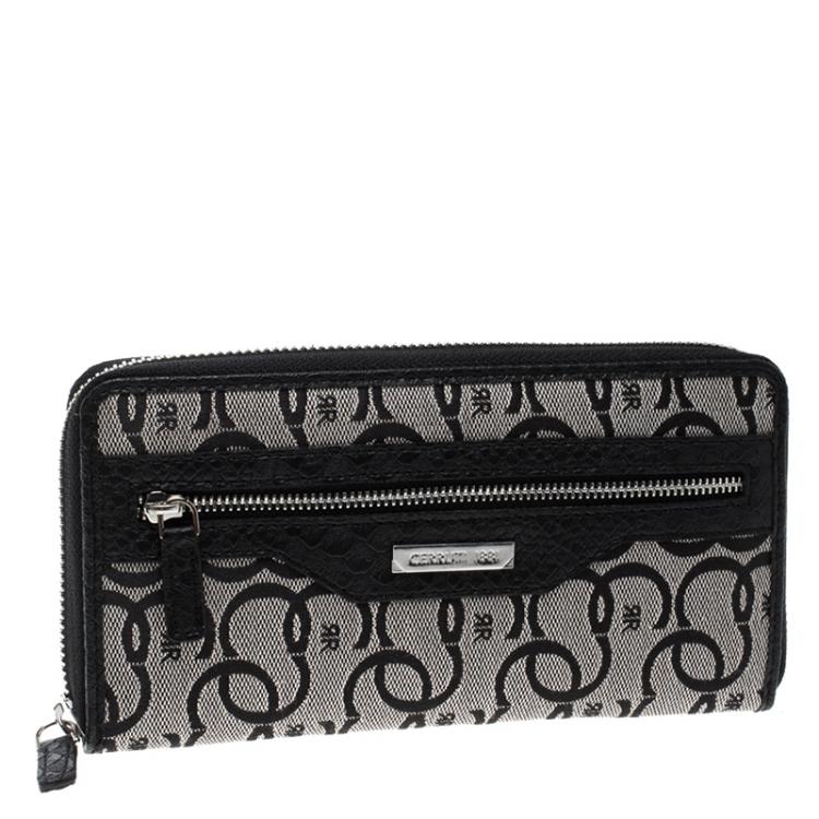 Pre Owned Cerruti 1881 Black Canvas and Croc Embossed Leather Trim Anna Zip Around Wallet