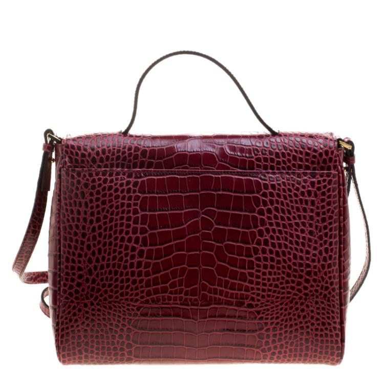 Pre Owned Cerruti 1881 Burgundy Croc Embossed Leather Cerrutis Top Handle Bag