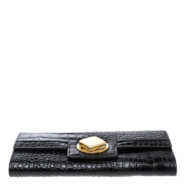 Pre Owned Cerruti 1881 Black Croc Embossed Leather Cerrutis Flap Wallet