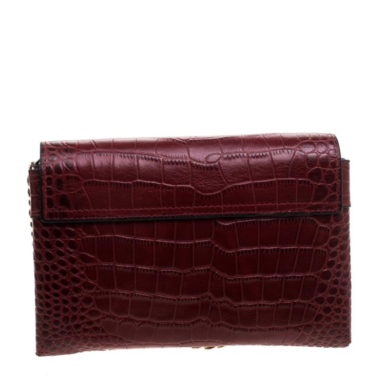 Pre Owned Cerruti 1881 Red Crocodile Embossed Leather Chain Shoulder Bag