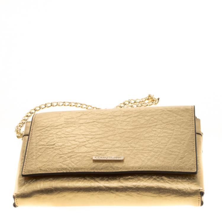 Pre Owned Cerruti 1881 Gold Leather Cerrutis Chain Clutch