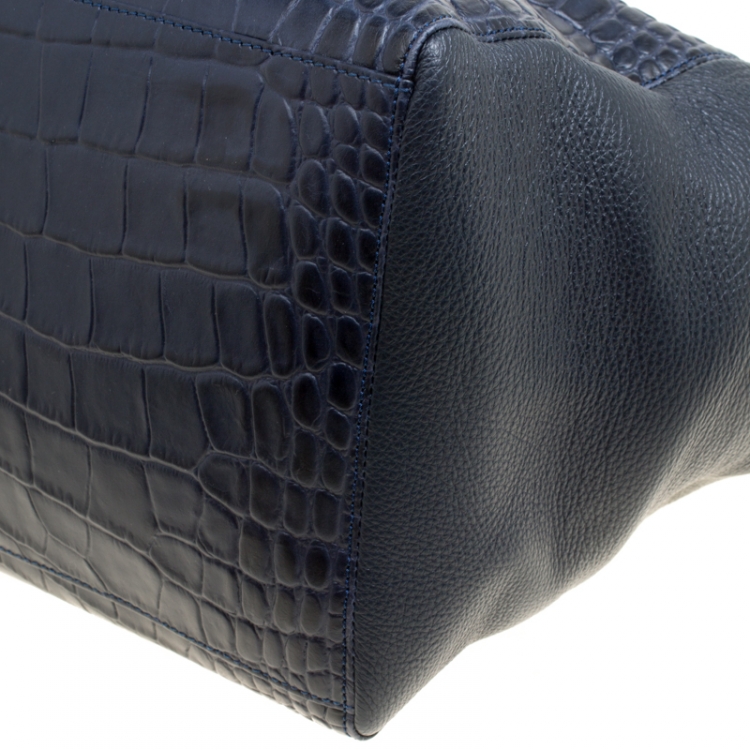 Pre Owned Cerruti 1881 Navy Blue Croc Embossed Leather Shopper Tote