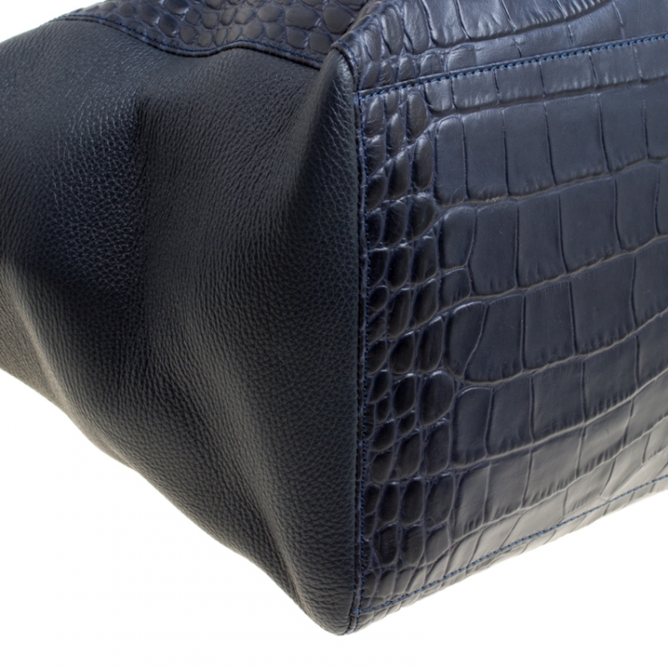 Pre Owned Cerruti 1881 Navy Blue Croc Embossed Leather Shopper Tote