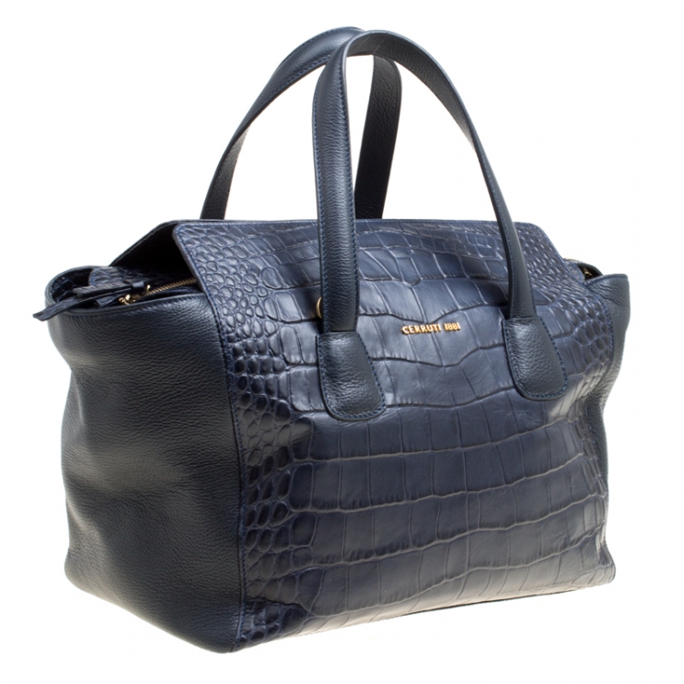 Pre Owned Cerruti 1881 Navy Blue Croc Embossed Leather Shopper Tote