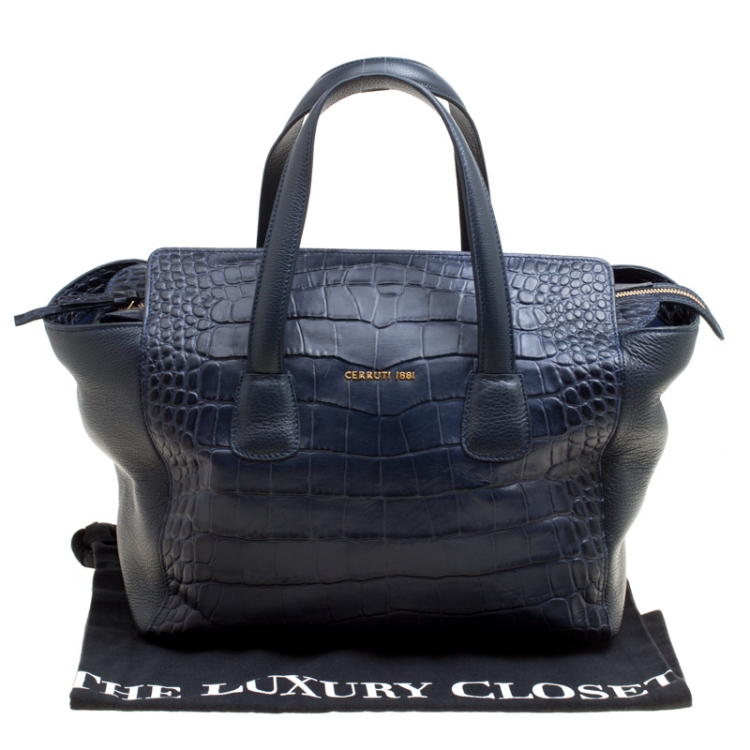 Pre Owned Cerruti 1881 Navy Blue Croc Embossed Leather Shopper Tote