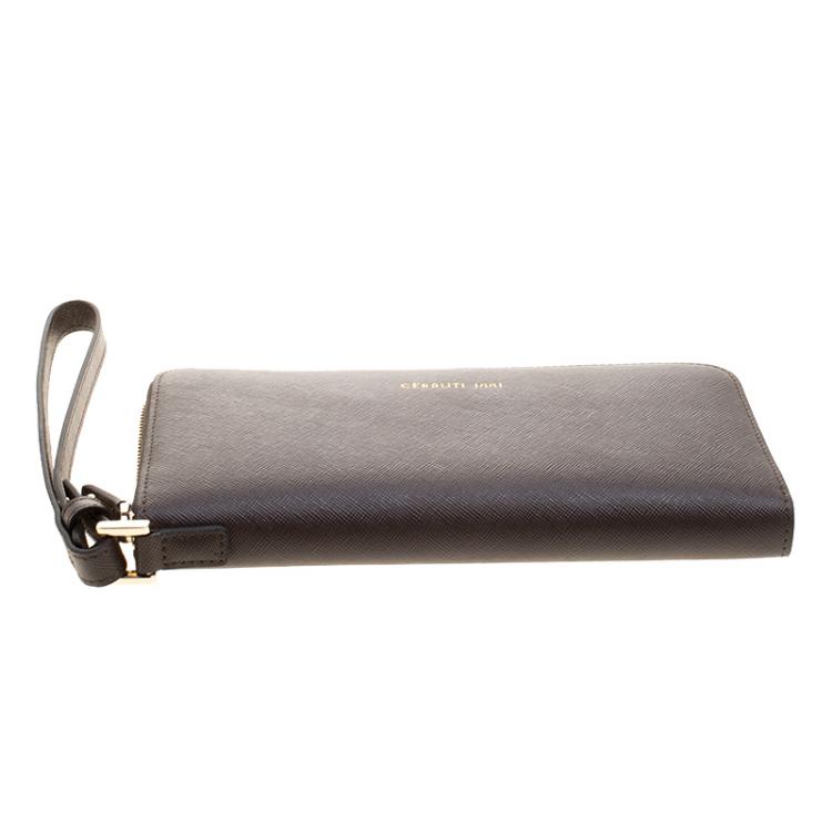 Pre Owned Cerruti 1881 Taupe Leather Cerrutic Zip Around Wristlet Wallet