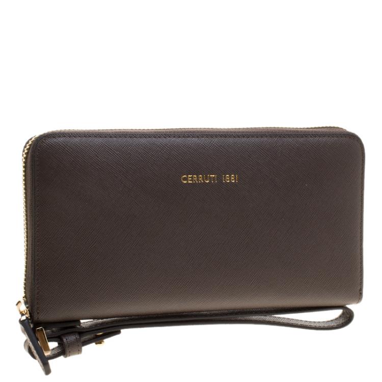 Pre Owned Cerruti 1881 Taupe Leather Cerrutic Zip Around Wristlet Wallet