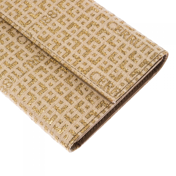 Pre Owned Cerruti Gold/Beige Signature Textured Fabric Fold Over Wallet