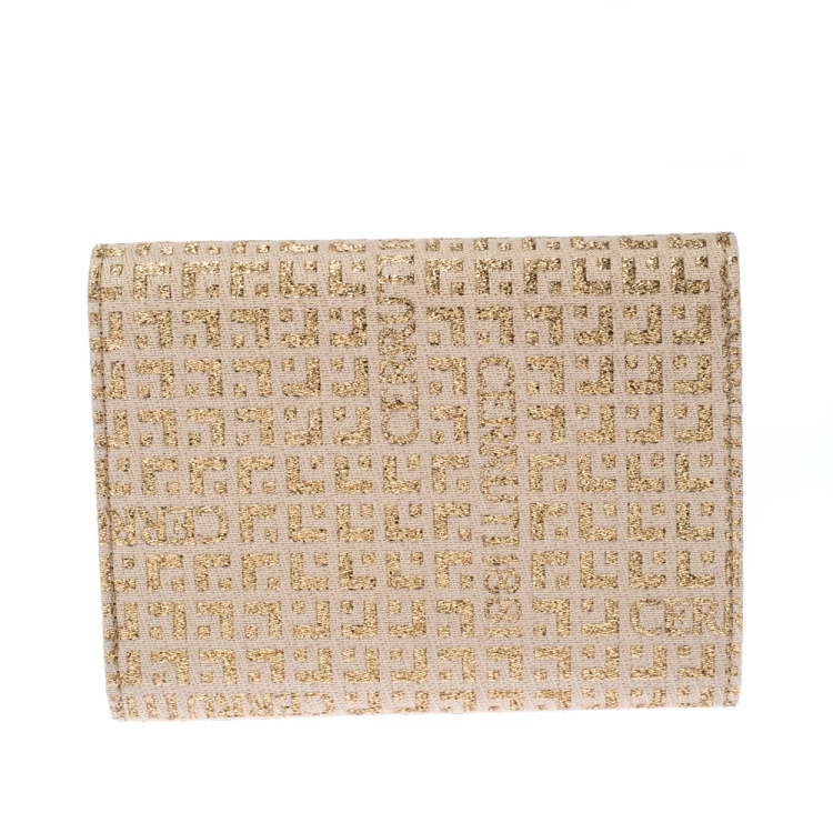 Pre Owned Cerruti Gold/Beige Signature Textured Fabric Fold Over Wallet